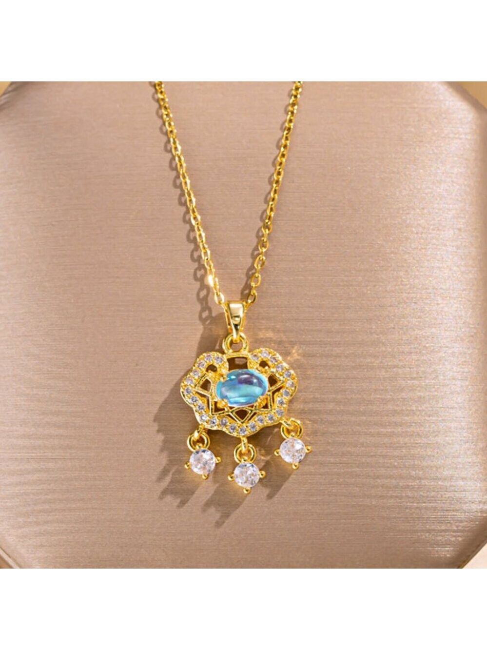18k Gold Plated Stainless Steel Chain, Simulated Diamond, Opalesecent Pendant